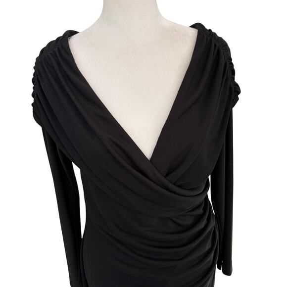 St. John Couture Black Draped Sz 6 Formal Cocktail Dress Long Sleeve Knee Length - Picture 6 of 7